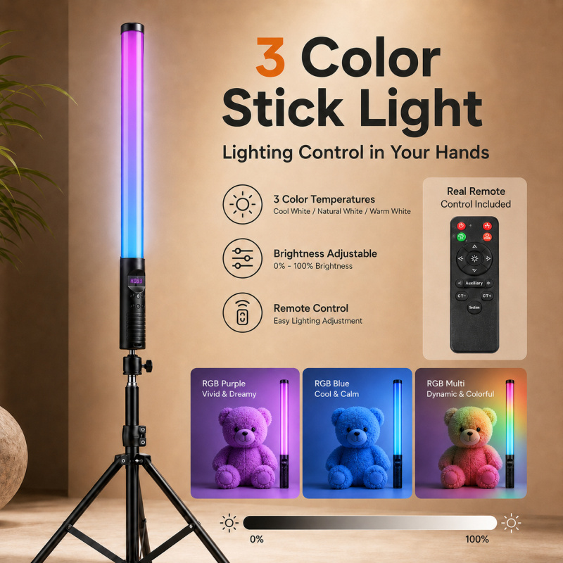 Photography Lighting Stick - RGB Handheld Video Light Wand, Portable